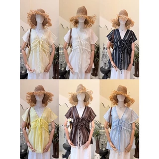 Sunshine Blouse เสื้อคอวีแขนยาวตัวยาว เสื้อคอวีแขนสั้นแต่งจีบอกผูกโบว์ที่อก ลายดอกไม้ น่ารัก เกาหลี สาวอวบ Sheeny (S051)