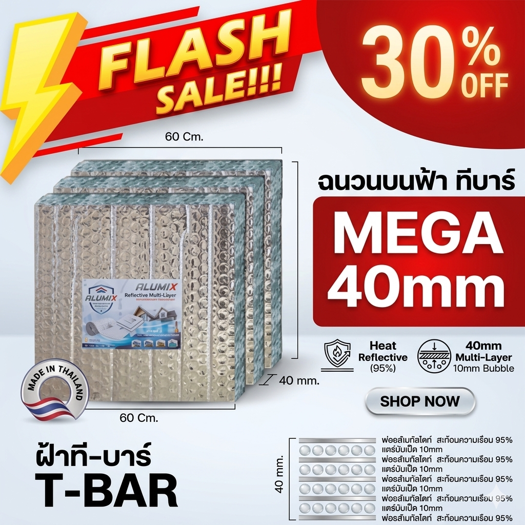 ใหม่! 1 แผ่น MEGA4 Ceiling ฉนวนบนฝ้า 60cm x 60cm หนาพิเศษ 40 mm  ฉนวนกันความร้อน  สะท้อนความร้อน 97%