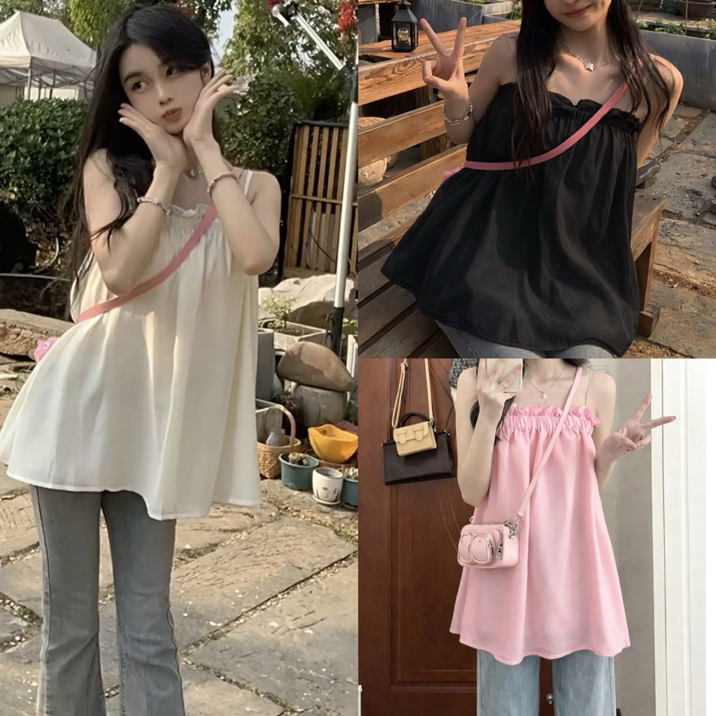มินิเดรสสายสปาเกตตี้ ทรงหลวม เกาหลีเกาใจมาก มีหลายสีให้เลือก สายอวบใส่ได้