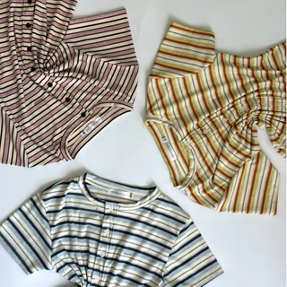 GINA TOP เสื้อยืดแขนสั้นลายทางกระดุมหน้า เย็บแต่งงานอะไหล่ (Size M,L) ผ้าร่องนิ่มยืดได้เยอะใส่สบาย AOMMKOSHOP-118