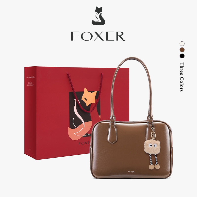 FOXER กระเป๋าลมวินเทจ กระเป๋าโบว์ลิ่งขนาดใหญ่ กระเป๋าสะพายสีคาราเมล การเดินทางไปทำงานทั่วไป