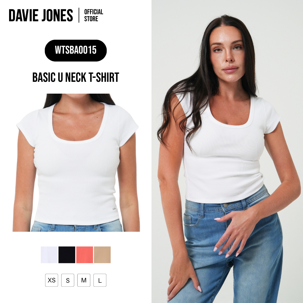 DAVIE JONES WOMEN [BE FEARLESS] เสื้อยืดผู้หญิง Basic U Neck T-Shirt สีขาว ดำ ชมพู เบจ BA0015