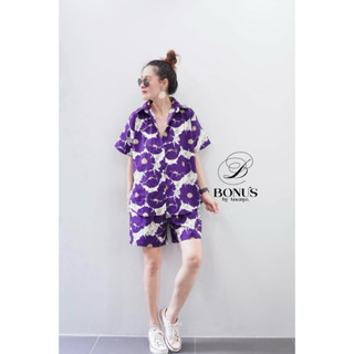 Bonus ชุดเซ็ตเสื้อคอปกเชิ้ตแขนสั้น ดีไซน์เสื้อแขนในตัวผ้าคอต…