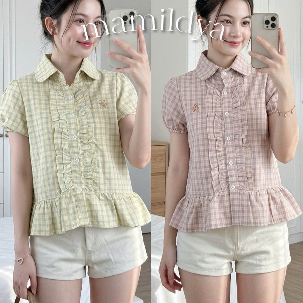 งานปัก 🌟Mamildya.shop🌟 เสื้อเชิ้ตคอปกโค้ง สาบระบาย2ชั้น / F2-3/COOK-ปริ้น⚫