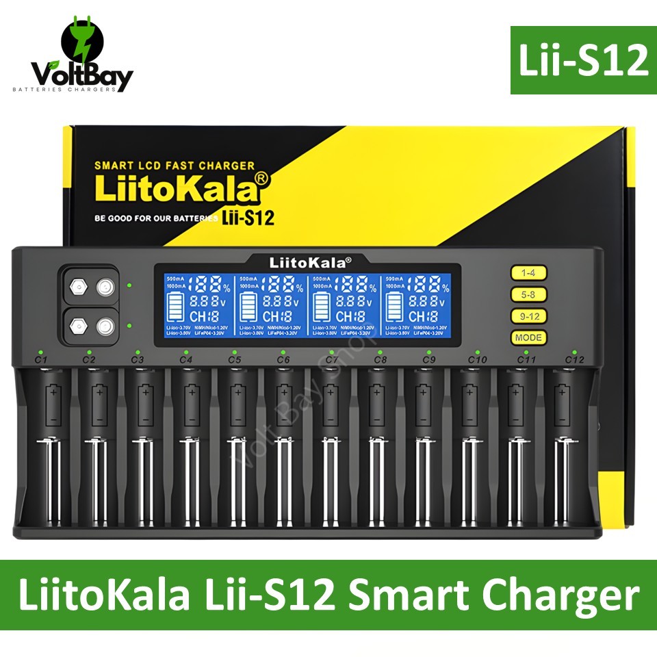 LiitoKala เครื่องชาร์จ  รุ่น Lii-S12 มี 12 ช่อง หน้าจอ LCD สำหรับ Li-Ion LiFePO4 Ni-MH Ni-Cd 9V