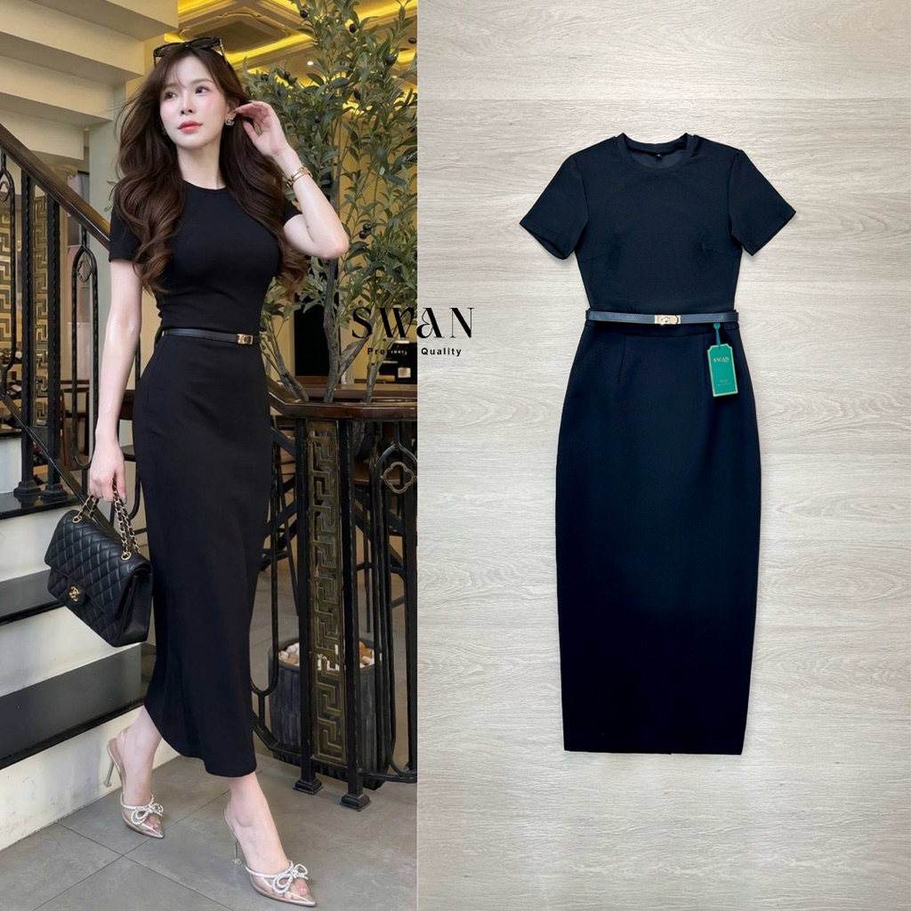 Swan Set 3 ชิ้นโทนดำเรียบหรูเสื้อยืดแขนสั้น กระโปรงทรงสอบ เข็มขัดเส้นเล็ก