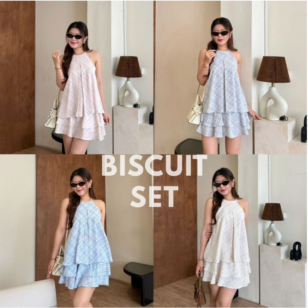 Biscuit Set- ผ้าลาย* ชุดเซ็ทกระโปรงสั้น 2 ชิ้น กระโปรงมีระบายชั้นๆ เสื้อกล้ามตัวยาวทรงปล่อย เกาหลี BETTY (B062)