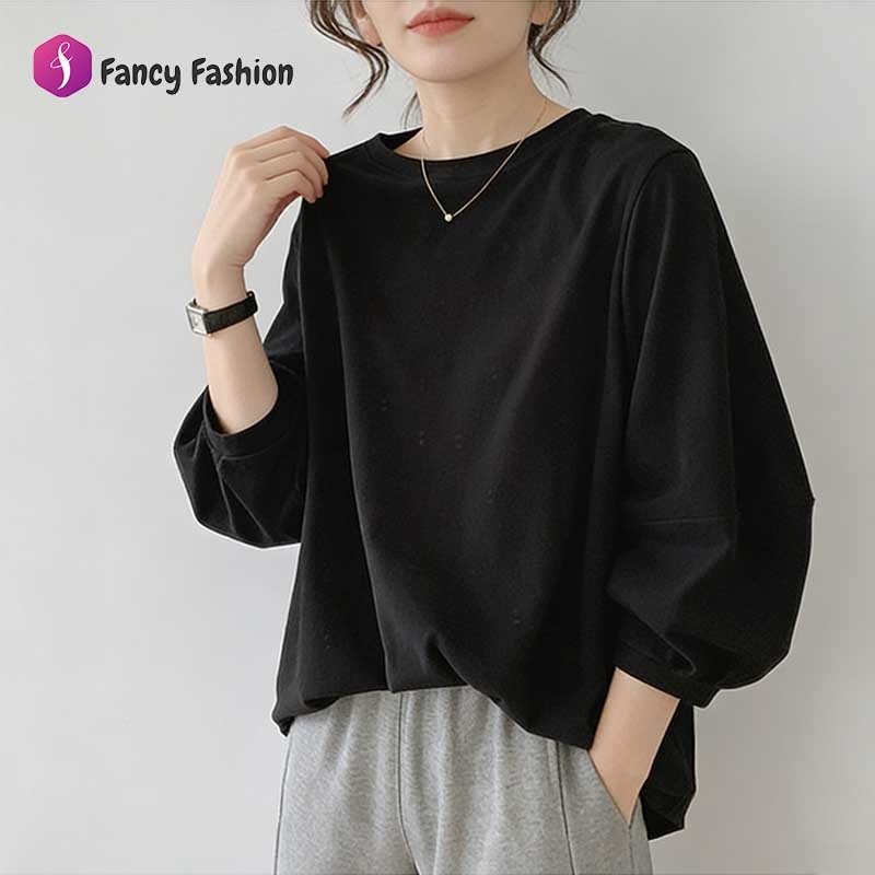 Fancy เสื้อแขนยาวทรงหลวมสำหรับผู้หญิง เสื้อผ้าสาวอวบน่ารักๆ ลำลองทรงหลวม เสื้อยืดแขนบอลลูนแฟชั่นมาใหม่สวยๆ สีพื้น