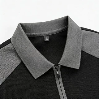 เสื้อโปโลผู้ชาย สีดำ/เทา มีปก มีซิป สไตล์สปอร์ต