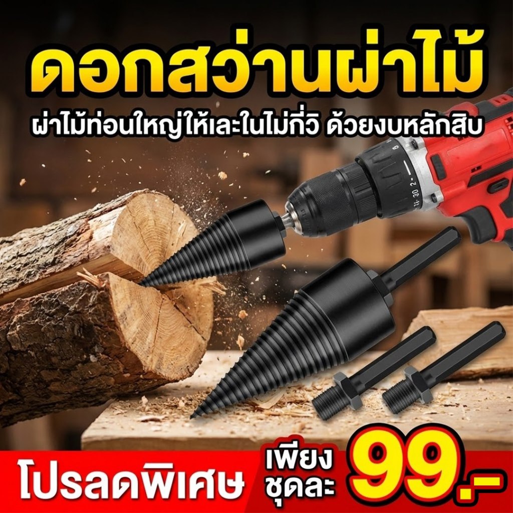 ชุดดอกสว่านผ่าไม้ หัว + ก้าน (พร้อมจัดส่ง)