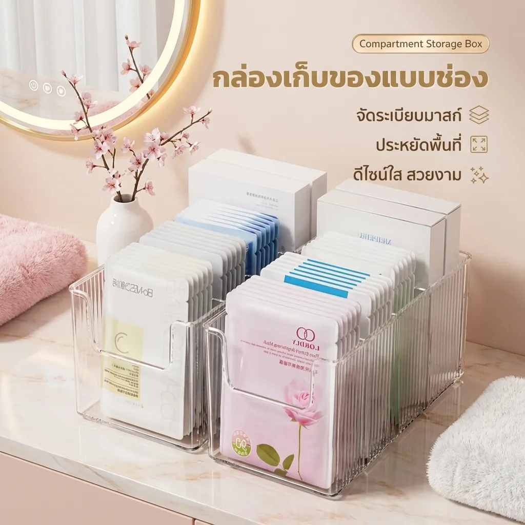 กล่องเก็บแผ่นมาส์ก กล่องอะคริลิคใส 4 ช่อง กล่องเก็บของ วางซ้อน จัดระเบียบโต๊ะ เครื่องสำอาง
