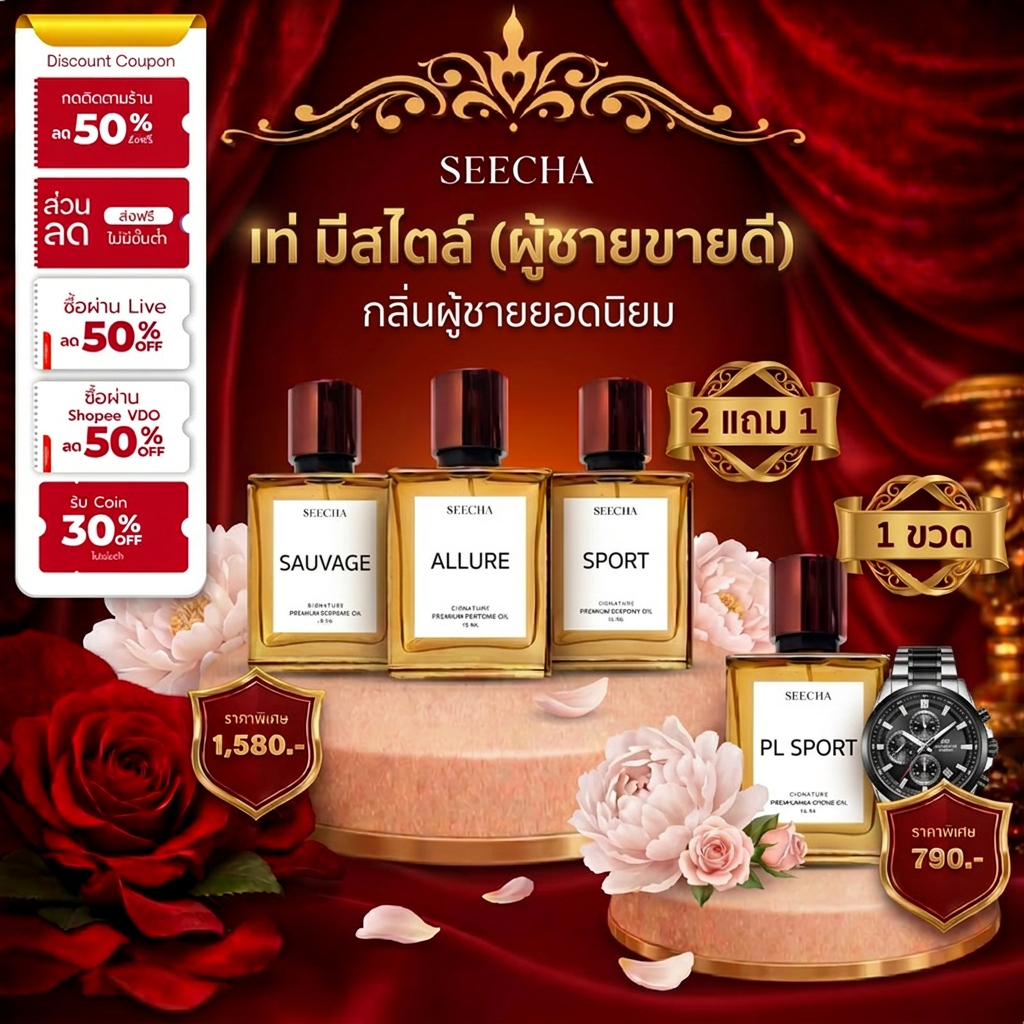 {กด 3 ชิ้น เพื่อรับโปร 2แถม1} Seecha Signature Men เท่ มีสไตล์ (ผู้ชายขายดี) กลิ่นผู้ชายยอดนิยม น้ำหอมสีชา 50 ml.