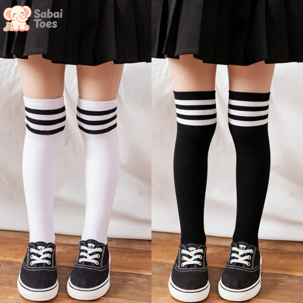 Sabai Toes ถุงเท้าเด็กยาวถึงเข่า ถุงเท้าสำหรับไปโรงเรียน ถุงเท้าลายทาง เหมาะสำหรับใส่ไปโรงเรียน ทำจากผ้าฝ้ายแท้ นุ่มสบาย