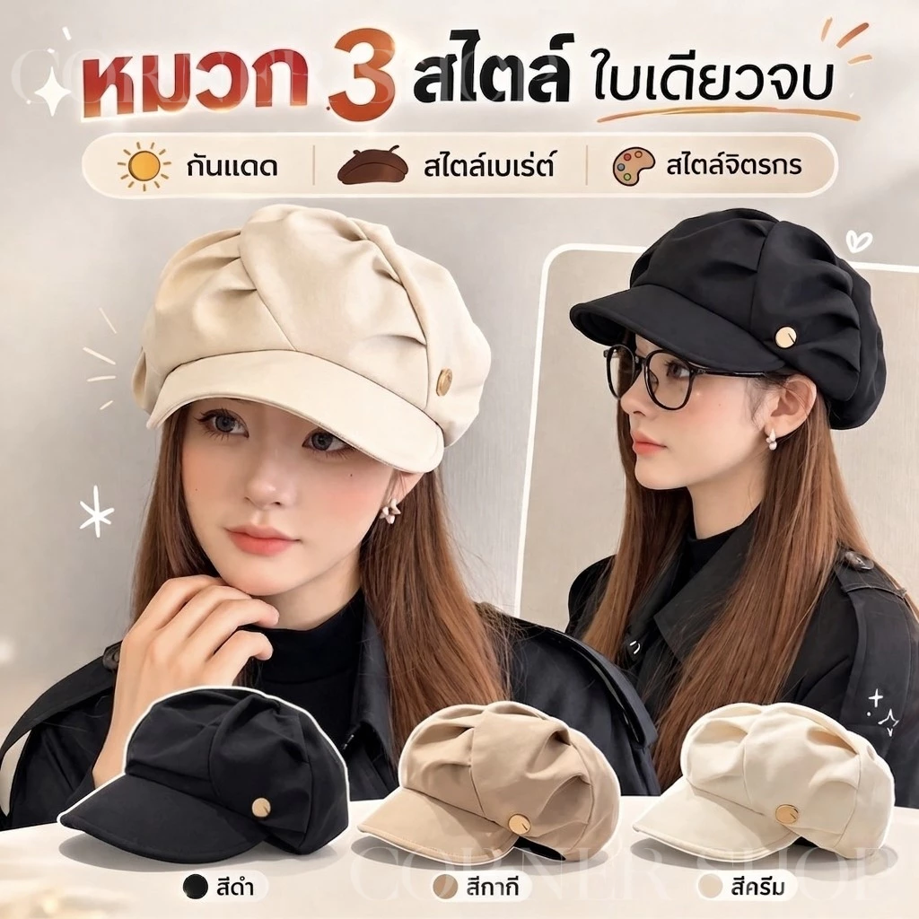 🔥(HWL) แถมฟรีกิ๊บน่ารัก หมวกกันแดดผู้หญิง หมวกเบเร่ต์ ปรับทรงได้ ใส่ได้ 3 แบบ น้ำหนักเบา ใส่สบาย ใส่ไปคาเฟ่ ถ่ายรูปสวย