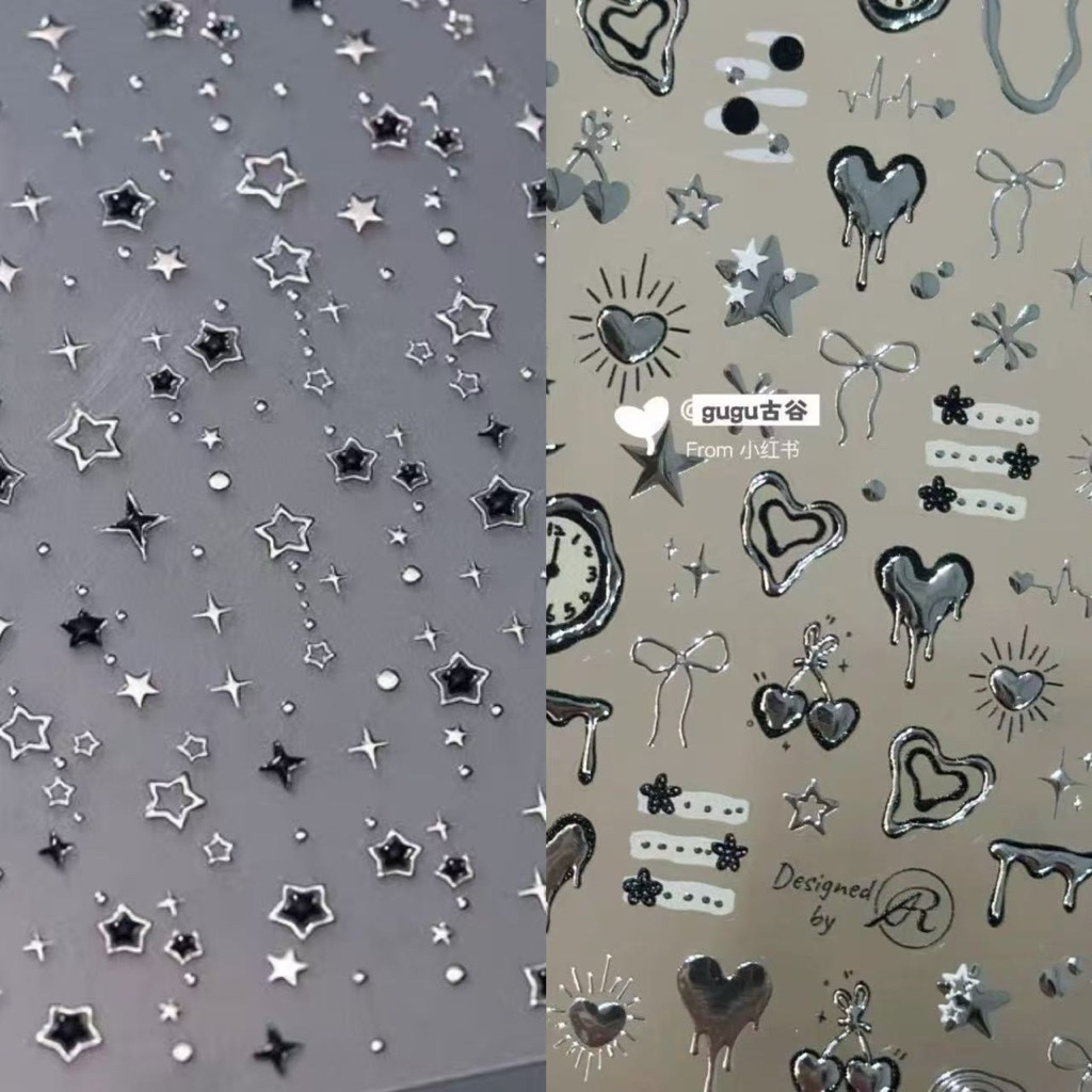 สติกเกอร์ติดเล็บ ลายหัวใจ นาฬิกา ย้อนเวลาสู่ความรัก โทนสีดำ เทา Y2K แผ่นละ 9บาท สินค้าพร้อมส่งในไทย