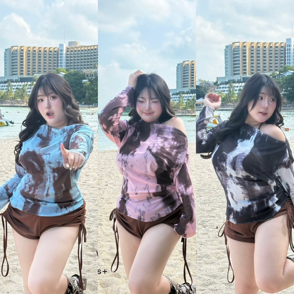 /WP/ ชุดเซ็ต3ชิ้นโทนมัดย้อม มีไซส์อก38-52 บิกินี่สีน้ำตาลมีฟองน้ำกางเกงรูดข้าง+เสื้อตาข่ายนิ่มโทนมัดย้อม #พลัสไซส์