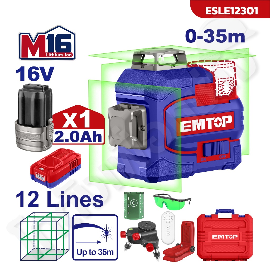 EMTOP เลเซอร์วัดระดับไร้สาย 3 มิติ 16V เขียว รุ่น ESLE12301