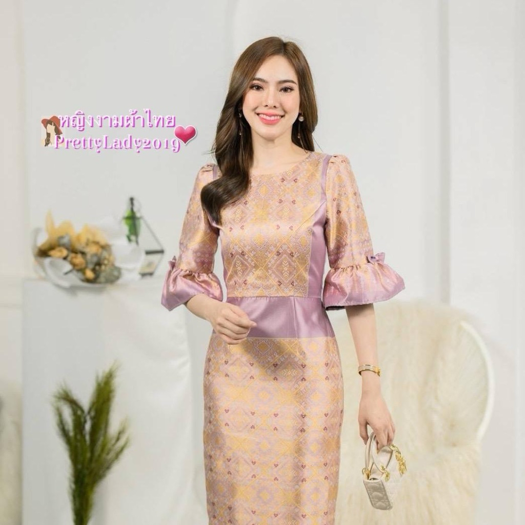 ชุดเดรสผ้าไหมแกมฝ้ายทรงยาวคอกลมแขนกระดิ่งติดโบว์น่ารักๆงานสวยเหมาะกับงานบุญทุกเทศกาล/อัดกาวทั้งชุด/ผ้าดีฝีมือเนี๊ยบ ราคา ถูกที่สุด ดีลบีเคเค แกลเลอรีภาพที่ 4