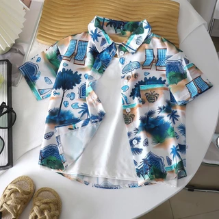 เสื้อวันสงกรานต์เด็ก เสื้อเชิ้ตลำลองเด็ก สไตล์ทะเล มีกระเป๋าที่อก ผ้าดี ใส่สบาย เด็กโตใส่ได้