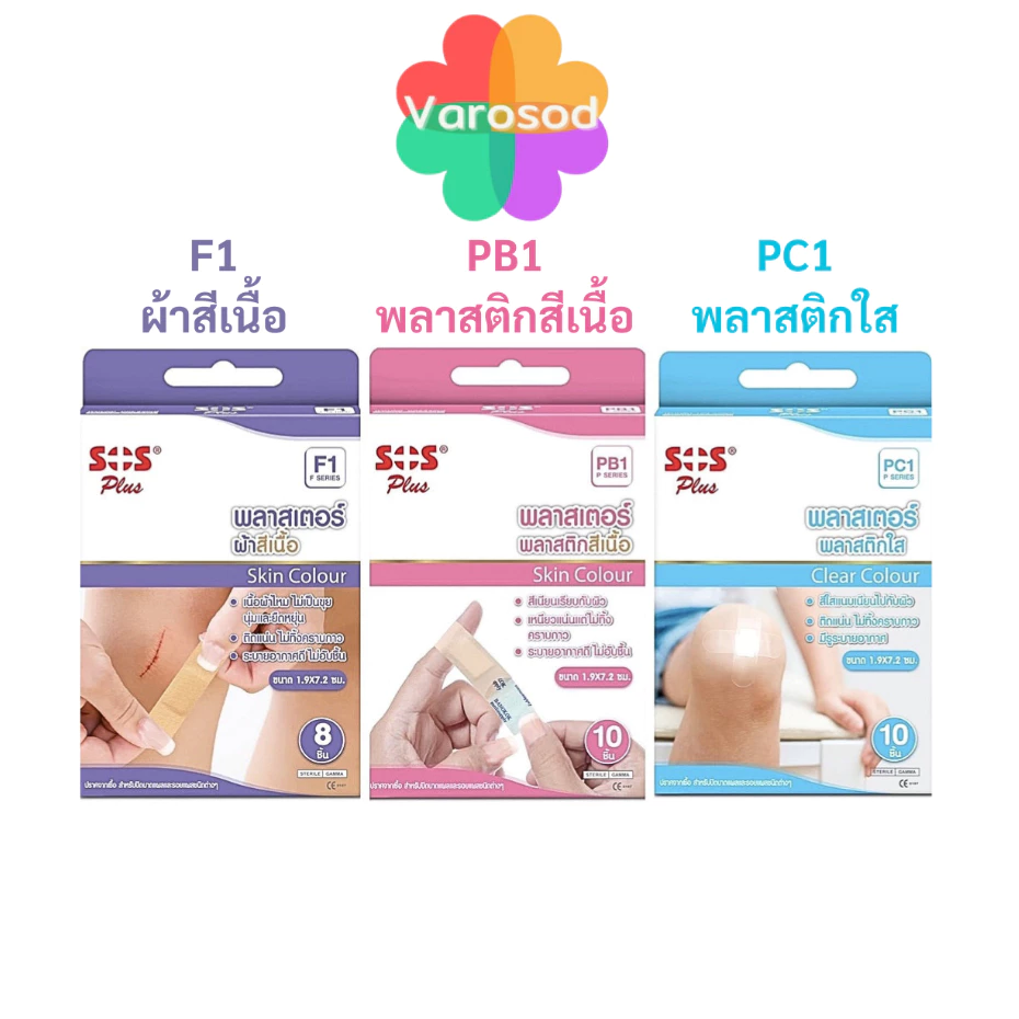 SOS PLUS พลาสเตอร์ปิดแผล ขนาด 1.9x7.2 ซม. [F1พลาสเตอร์ผ้าสีเนื้อ/ PB1พลาสติกสีเนื้อ/ PC1พลาสติกใส]