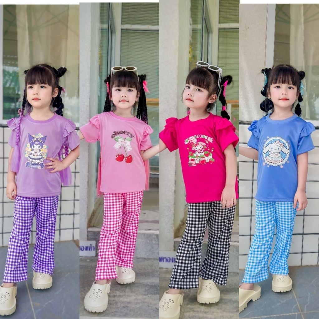 ชุดเด็กแขนระบายเสื้อแขนสั้น + กางเกงขายาวผ้าไมโคร สกรีนลาย สำหรับน้องๆ 1-12 ปี มีไซส์ S ถึง 3xl