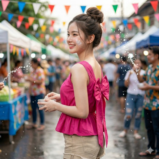 เสื้อคอกระเช้าผู้ใหญ่ มีโบว์ด้านหลัง ใส่สงกราน์น่ารักๆ