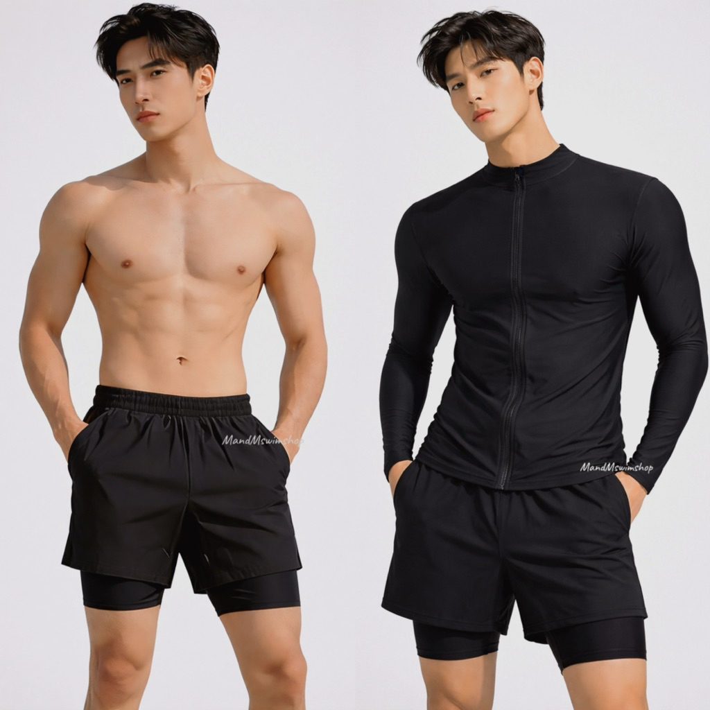 กางเกงว่ายน้ำผู้ชาย มีสองชั้น สีดำ M-6XL ใส่ได้ถึง 130กิโล กางเกงออกกำลังกายผู้ชาย
