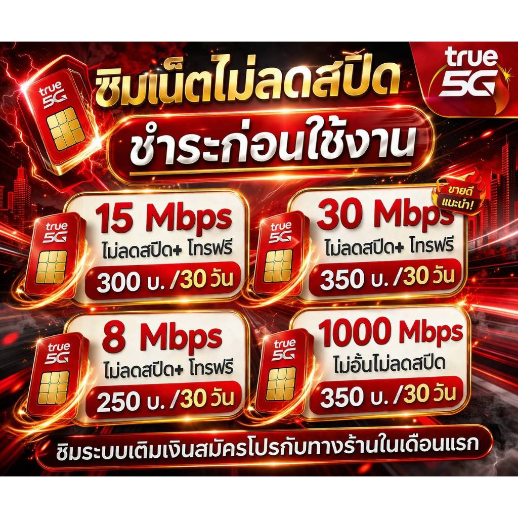 ซิม ทรู TRUE เน็ต30Mbps ไม่อั้นไม่ลดสปีด เพียง 350บาท/เดือน🔥จำกัดทั้งร้าน จำนวน1ซิม/1