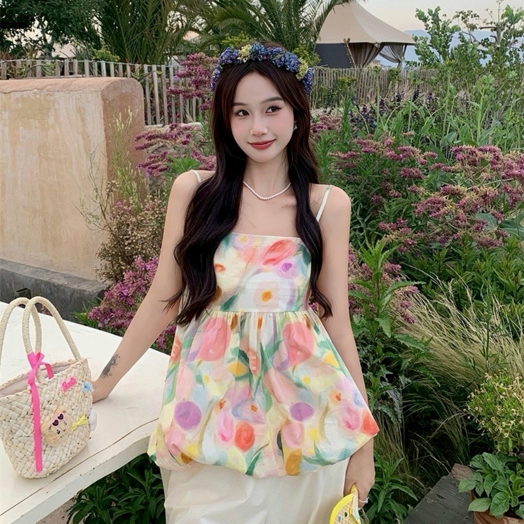 เสื้อสายเดี่ยว สีสันลายดอกไม้โทนพาสเทล สีหวานละมุน ผ้าโพลีเอสเตอร์ (สายเดี่ยวพาสเทลดอกไม้)