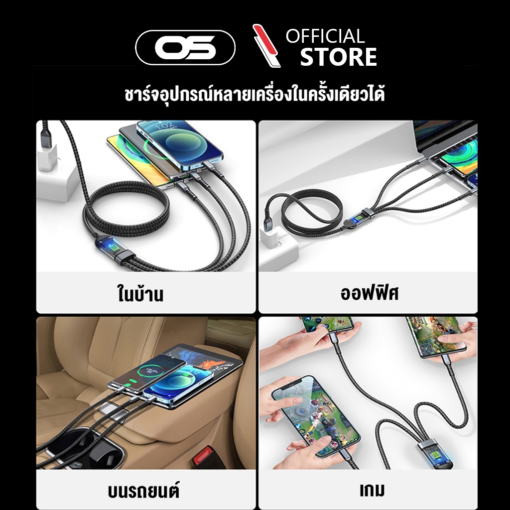 OSCROPสาย USB 3-in-1 100W ดีไซน์โปร่งใส รองรับการชาร์จเร็ว QC 3.0 สายถักไนลอนพร้อมจอแสดงผล LED ดิจิทัล ใช้งานได้กับทุกรุ ราคา ถูกที่สุด ดีลบีเคเค แกลเลอรีภาพที่ 5