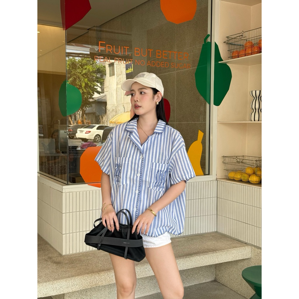 พรีออเดอร์ Crochet striped topเสื้อoversizeแขนสั้นถักขอบด้ายทั้งตัว