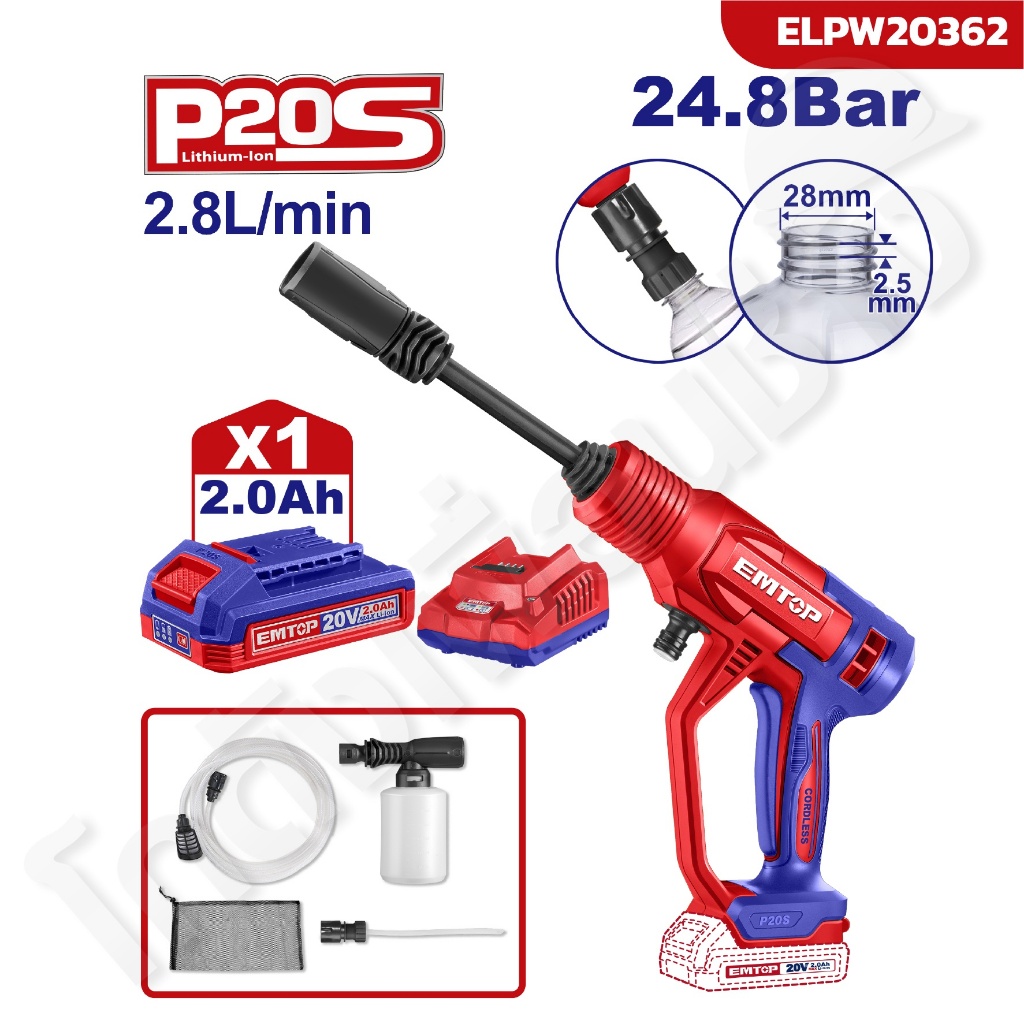 EMTOP ปืนฉีดน้ำแบต แรงดันสูงสุด 24.8 บาร์ แบตเตอรี่ 2Ah รุ่น ELPW20362
