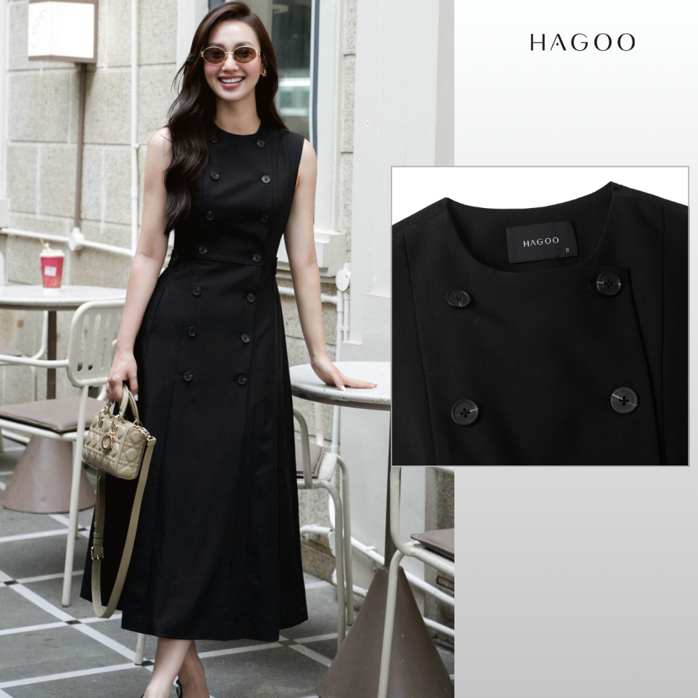 HAGOO เดรสผู้หญิง แขนกุด คอกลม กระดุมสองแถว ทรงยาว ลุคทำงานเรียบหรู [V9067]