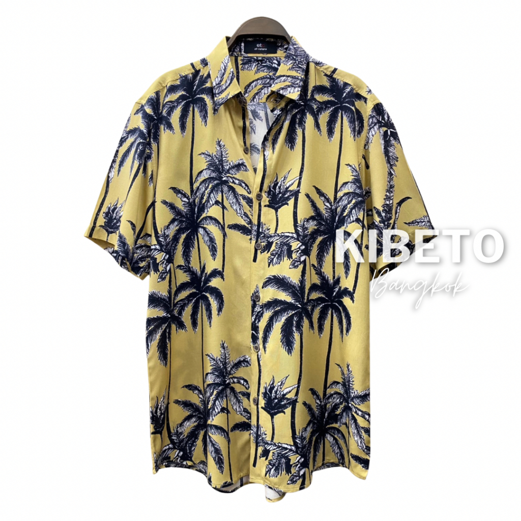 Kibeto เสื้อฮาวาย ลายต้นมะพร้าวสูง สีเหลือง ผ้าสปันเรยอน ผ้านิ่ม ใส่สบาย M L XL 2XL 3XL