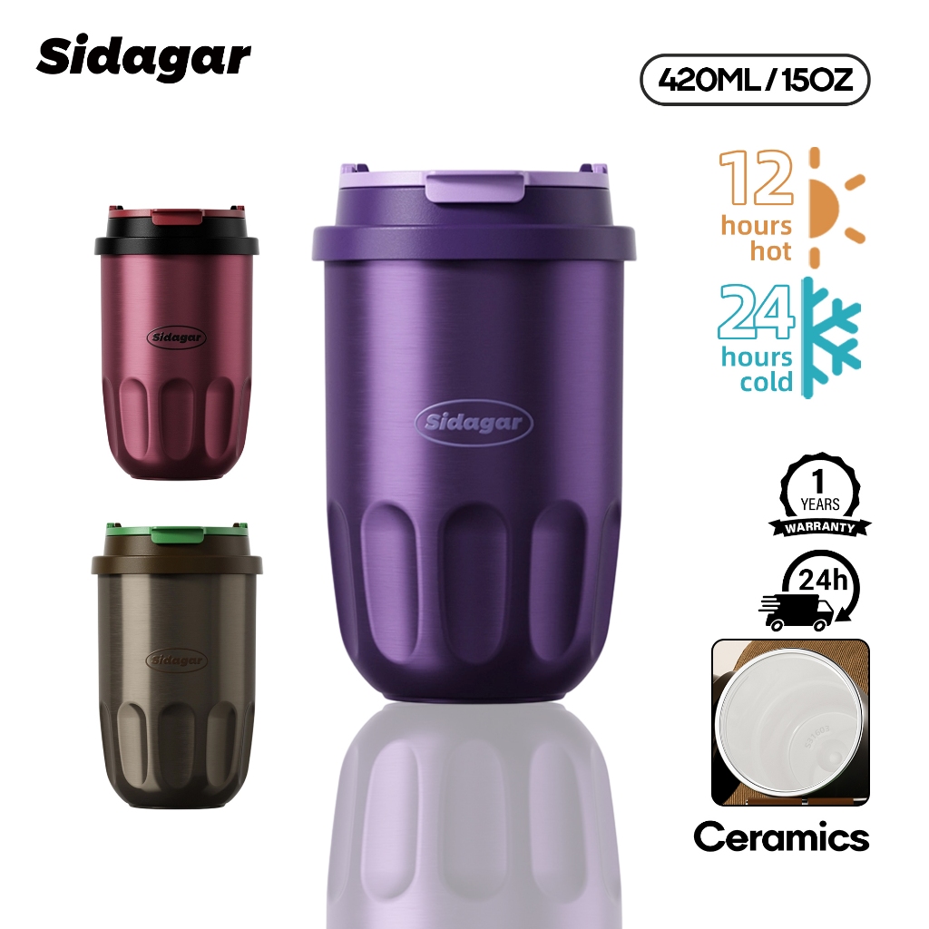 Sidagar ถ้วยกาแฟ เคลือบเซรามิก แก้วเก็บความเย็น แบบพกพา ถ้วยน้ํา รักษาความเย็นและความร้อน 420ML
