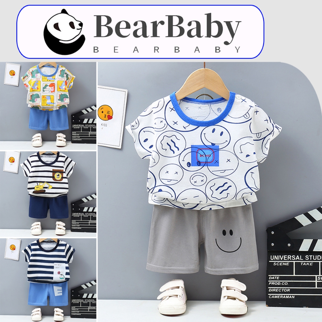 BEAR BABY ชุดเซทสองชิ้นเด็ก ชุดเสื้อแขนสั้นเด็กชาย ผ้ายืด ใส่สบาย รอบเอวยืดได้ ระบายอากาศ ไซส์73-130
