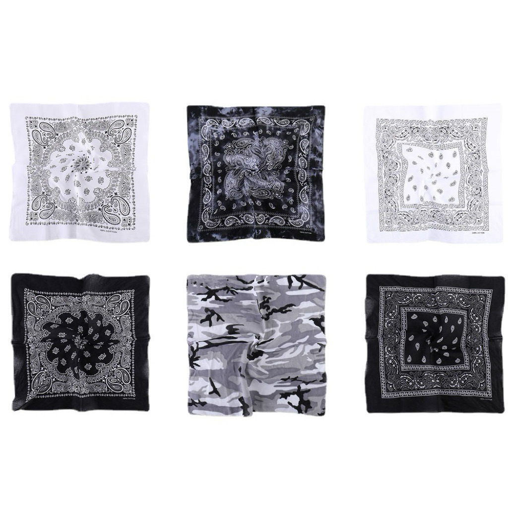 ผ้าพันคอ Bandana ผ้าฝ้าย 100% ลายเพสลีย์ โทนขาวดำ 55×55 ซม. สตรีท ฮิปฮอป [BD-BN60]