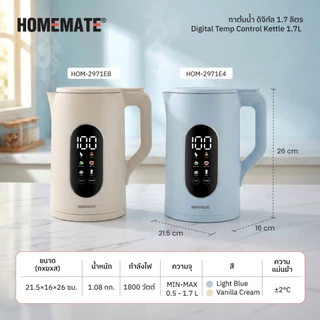HOMEMATE กาต้มน้ำดิจิทัล ปรับอุณหภูมิได้ 1.7 ลิตร สี Light Blue HOM-2971E4