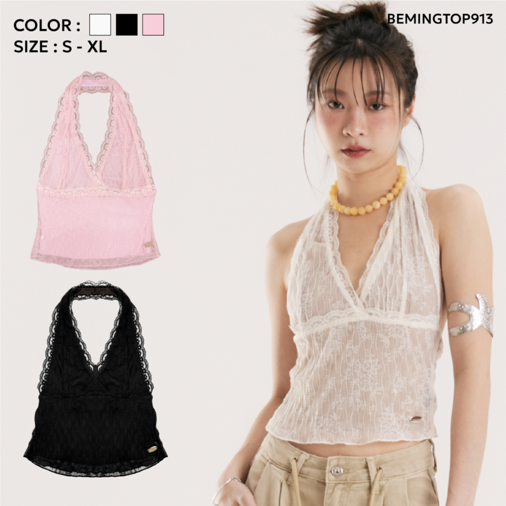 (พร้อมส่ง)Bemingtop913(S-XL)-Moonlight Lace Top – ซีทรูลูกไม้ สายฝอแต่ละมุนมาก!
