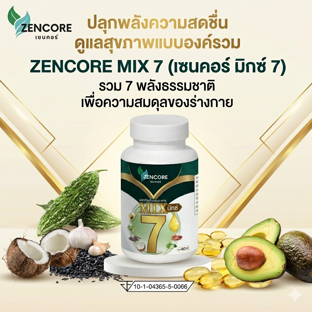 Zencore Mix 7 เซนคอร์ มิกซ์ 7 น้ำมันสกัดเย็น 7 ชนิด Mix Oil  1 ขวด 60 แคปซูล น้ำมันงา น้ำมันมะพร้าว