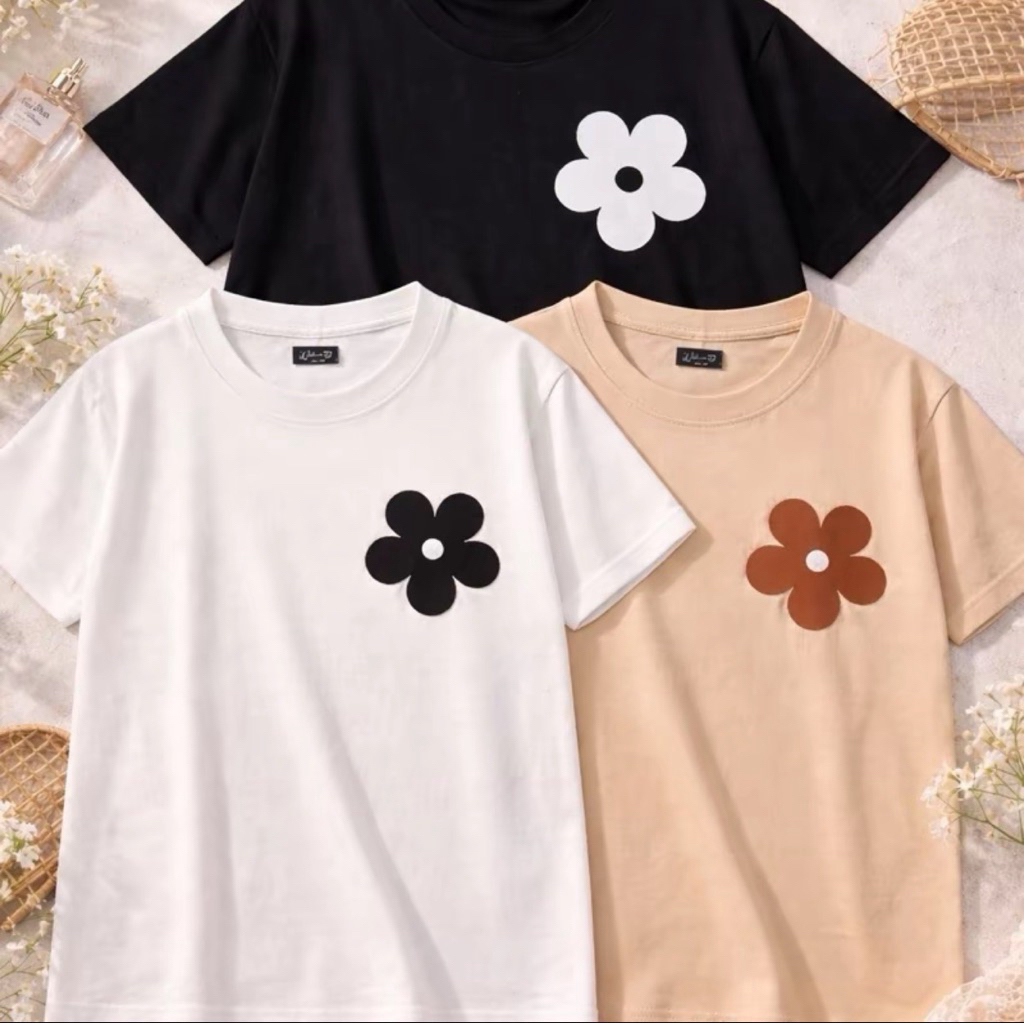 เสื้อยือสกรีนลายดอกผ้าคอตตอนคอม(แถมผ้าเช็ดหน้าลายสก็อต)เลือกสีผ้าเช็ดหน้าได้มีทั้งหมด8สี