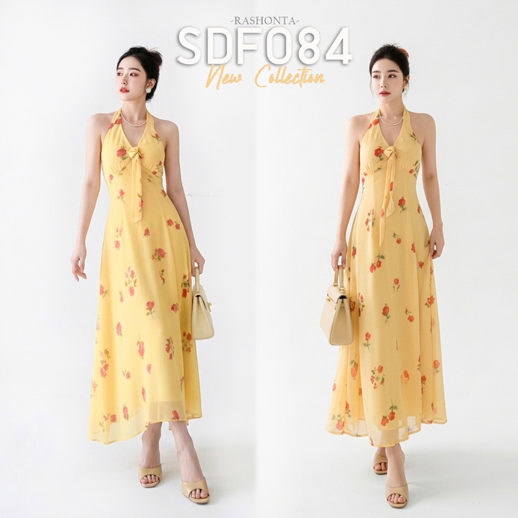 SDF084 : ชุดเดรสยาว คล้องคอ สีเหลือง ลายดอกไม้ ด้านหลังเป็นสม็อค ใส่เที่ยว ใส่ออกงานได้ค่ะ