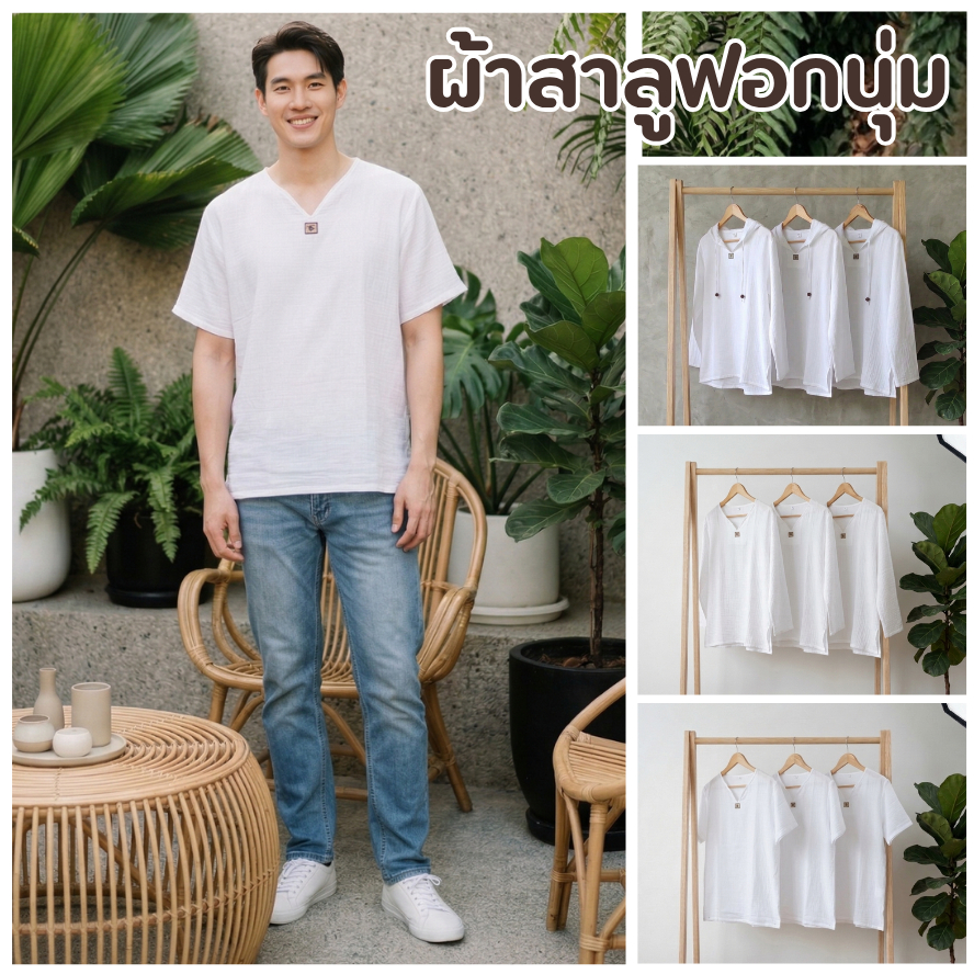เสื้อตะวัน ผ้าสาลู ผ้าสาลูสีขาว เสื้อโลโก้พระอาทิตย์  แขนสั้น/แขนยาว/ฮู้ด