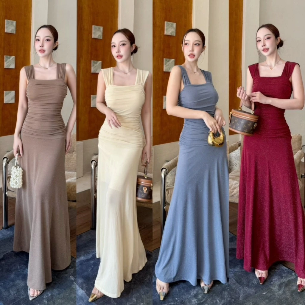 A1018 -ชุดออกงาน รุ่นแขนกุด ผ้ากลิตเตอร์ เดรสยาว ชุดไปงานแต่ง เดรสสวยๆ