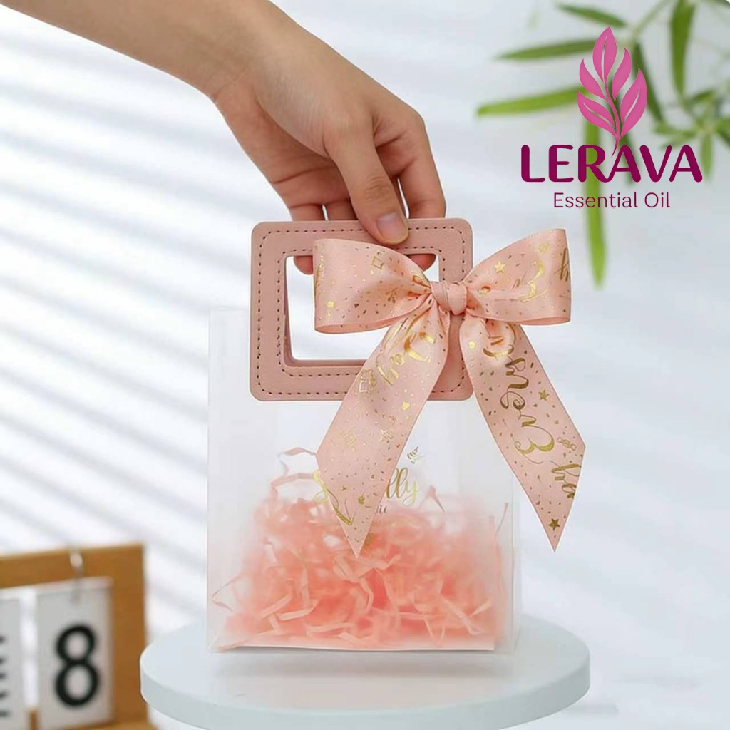 ถุงของขวัญใส PVC พร้อมหูจับหนังสีชมพู | ถุงใส่ของขวัญงานแต่ง งานวันเกิด ของขวัญปีใหม่ สไตล์หรูหรา