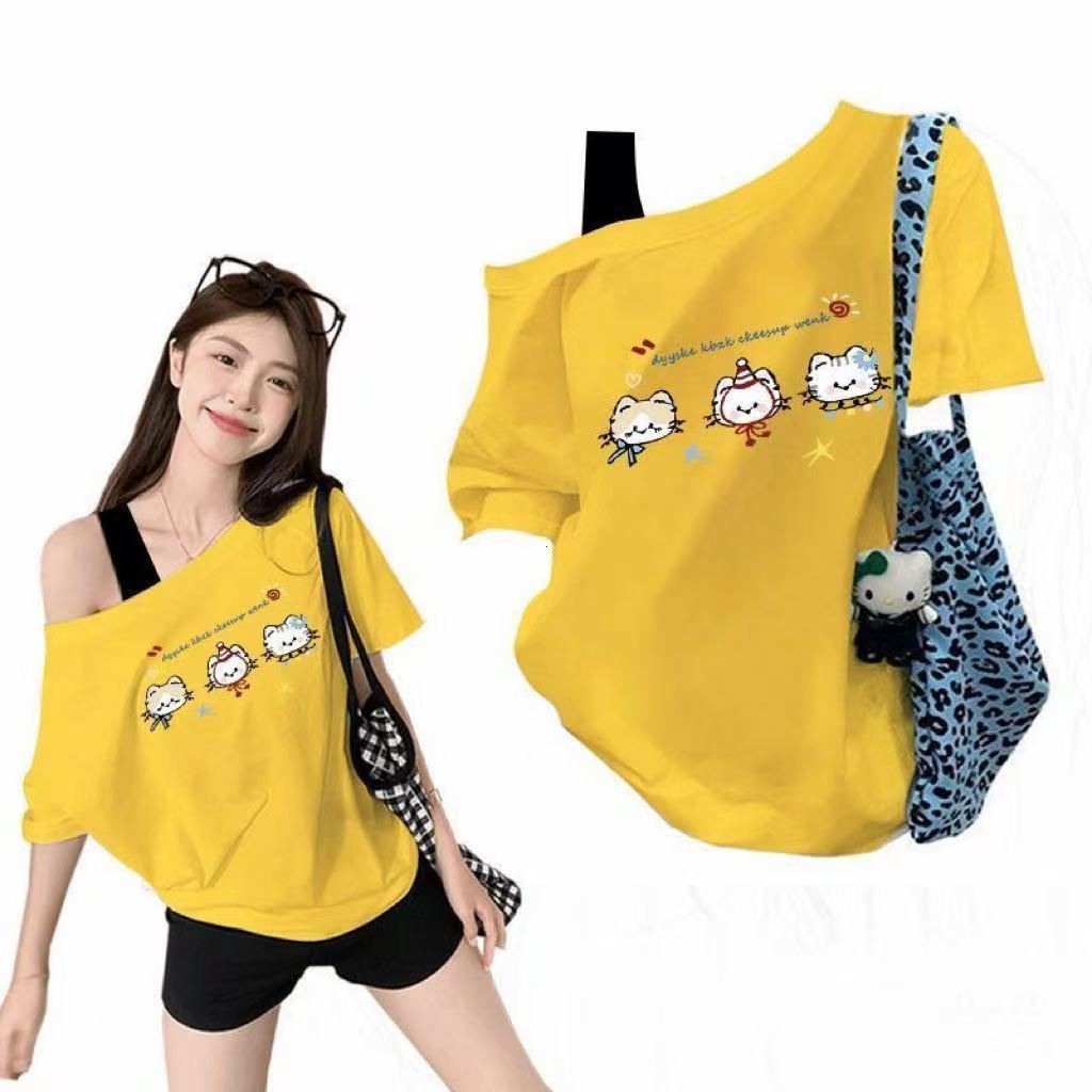 COD✅เสื้อทีเชิร์ตผู้หญิง|คอเอียง|เสื้อคอเอียงผู้หญิง|ทรงหลวม|ลายการ์ตูน|ใส่ได้ทุกลุค|น่ารัก|ยืดได้🎀