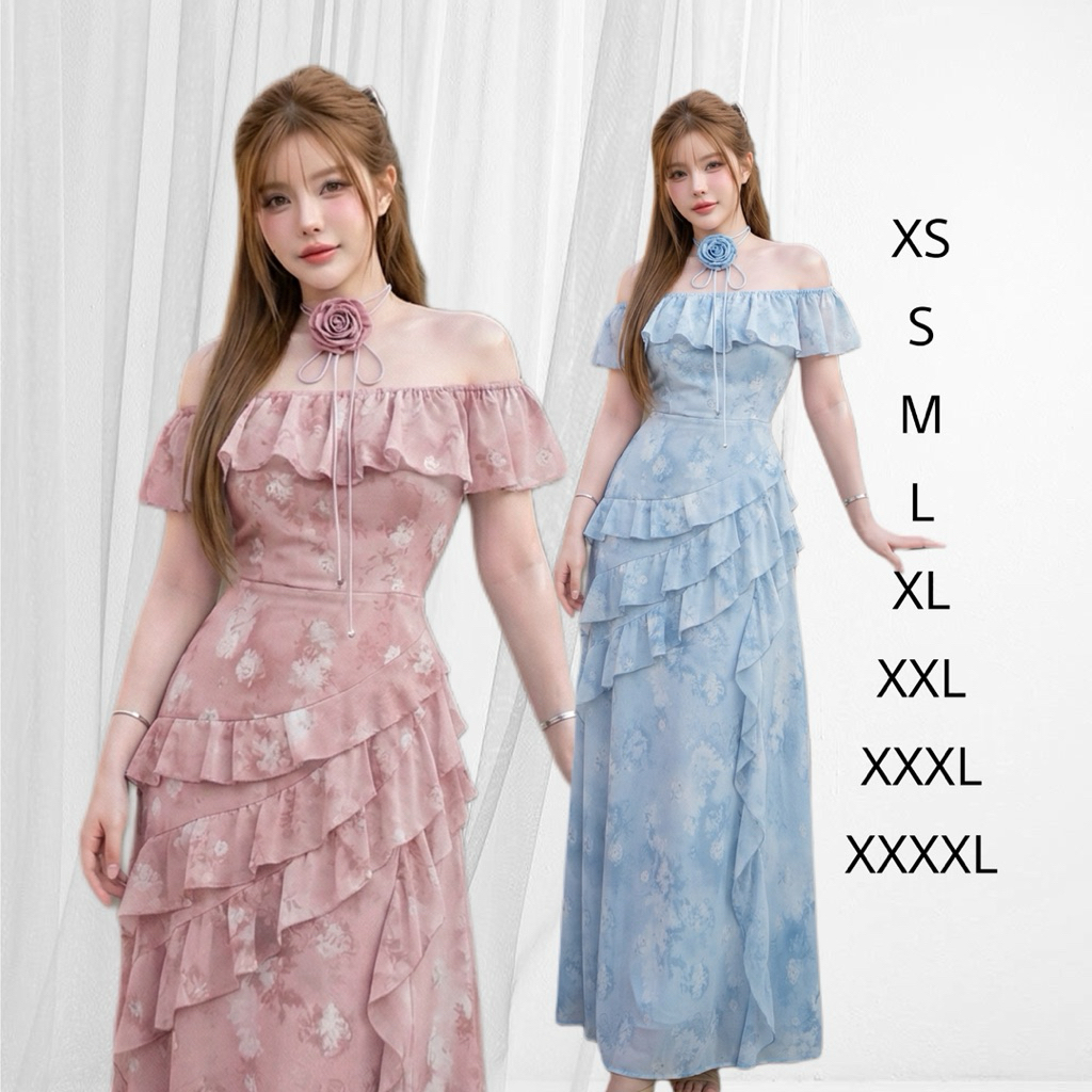 ชุดเดรส ผ้าชีฟองลายดอกไม้ LD282  ชุดไปงานแต่ง ชุดเพื่อนเจ้าสาว