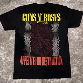 เสื้อยืดผ้าฟอก-ผ้าดำ GunnRoses1987(ป้ายRocktee เรืองแสง) ผ้าCotton100