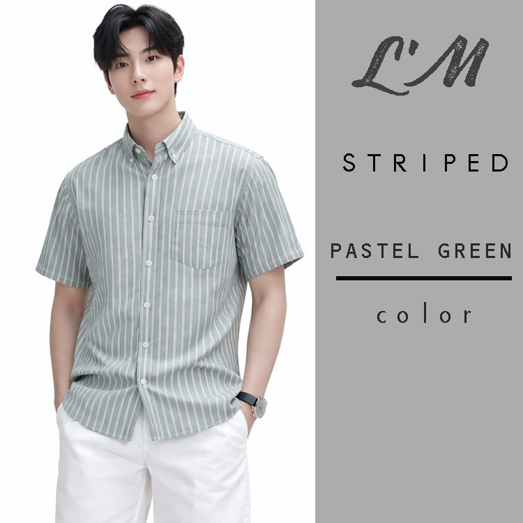 L‘m men style คอปกแขนสั้น ลายริ้ว คอตตอน 5สี