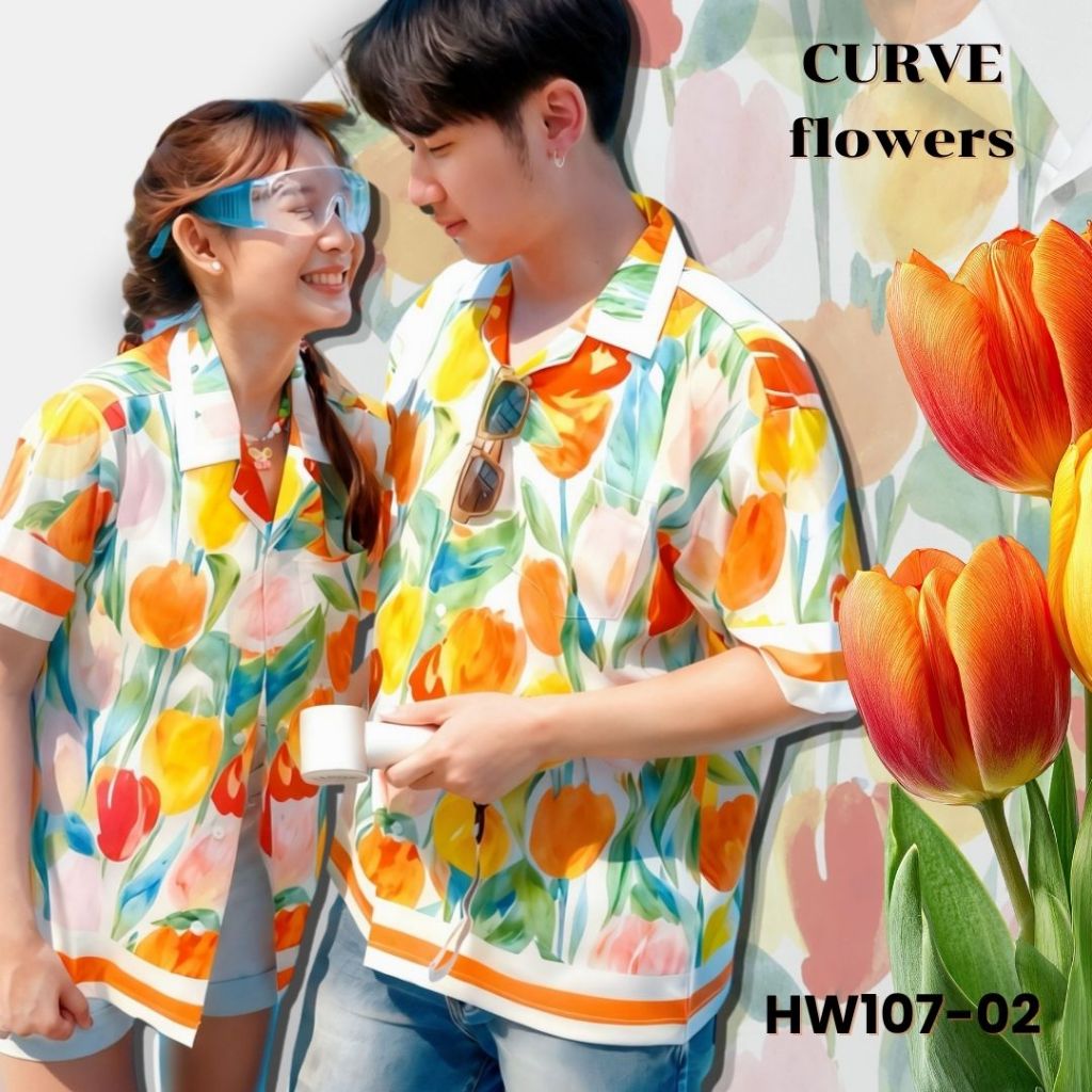 คอลใหม่ Curve  เสื้อเชิ้ตฮาวาย ลาย Flowers (ไซส์ S,M,L,XL,2XL,3XL,4XL,5XL) เสื้อฮาวายพิมพ์ลาย ใส่สบา